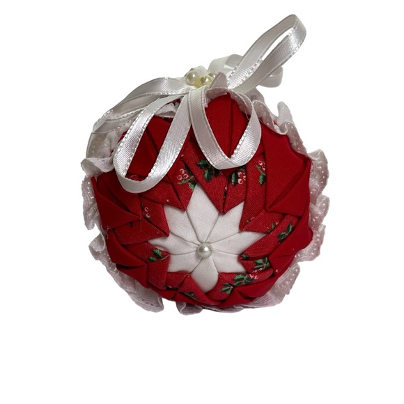 Vintage Handmade Folded Fabric Star Ribbon Christmas Ball Ornaments Set of 6 - Picture 13 of 15